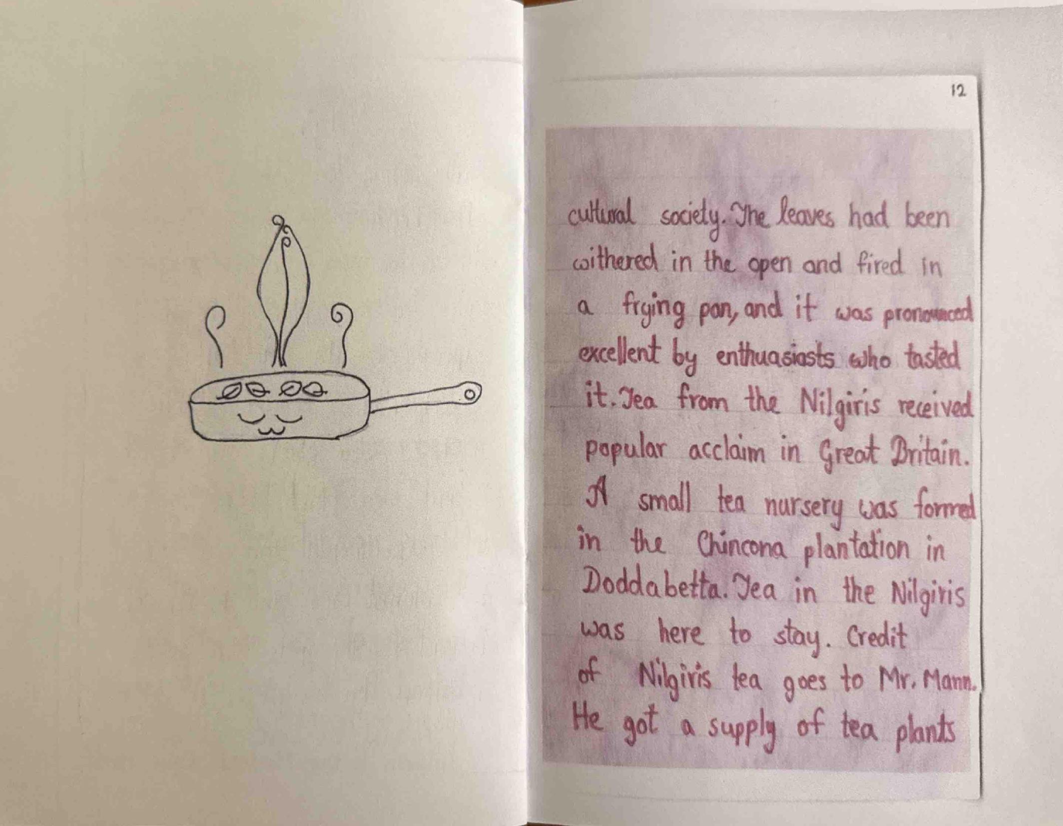A frying pan used to fire tea leaves, and credit to Mr. Mann for Nilgiris tea